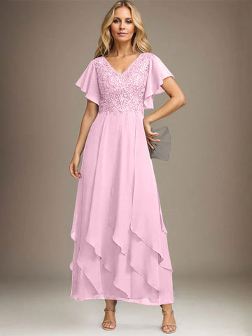 A-line V-Neck Ankle-Length Lace Chiffon Mother of the Bride Dress With Cascading Ruffles