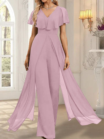 Jumpsuit/Pantsuit V-Neck Floor-Length Chiffon Evening Dress