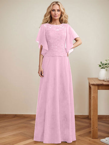 A-line Scoop Illusion Floor-Length Lace Chiffon Mother of the Bride Dress With Sequins
