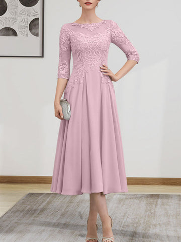 A-line Scoop Illusion Tea-Length Chiffon Lace Mother of the Bride Dress With Beading Sequins