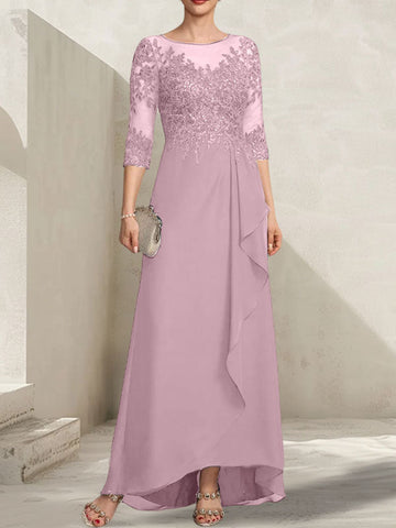 A-line Scoop Illusion Asymmetrical Lace Chiffon Mother of the Bride Dress With Sequins Cascading Ruffles
