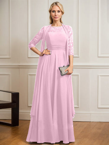 A-line Scoop Illusion Floor-Length Lace Chiffon Mother of the Bride Dress With Pleated