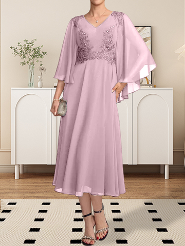 A-line V-Neck Tea-Length Chiffon Lace Mother of the Bride Dress With Beading Sequins