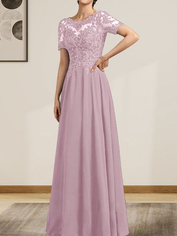 A-line Scoop Illusion Floor-Length Chiffon Lace Mother of the Bride Dress With Sequins Beading