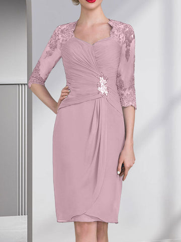 Sheath/Column Sweetheart Knee-Length Chiffon Mother of the Bride Dress With Beading Appliques Lace Sequins Pleated