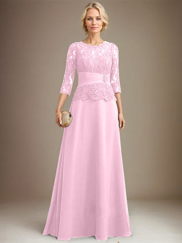 A-line Scoop Illusion Floor-Length Chiffon Lace Mother of the Bride Dress With Pleated Sequins Beading