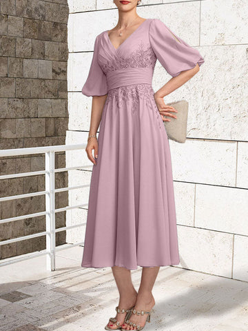 A-line V-Neck Tea-Length Lace Chiffon Mother of the Bride Dress With Pleated