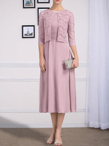 A-line Scoop Tea-Length Chiffon Mother of the Bride Dress With Pleated