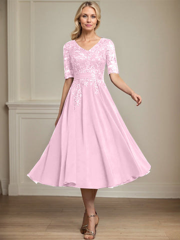 A-line V-Neck Tea-Length Lace Chiffon Mother of the Bride Dress With Sequins