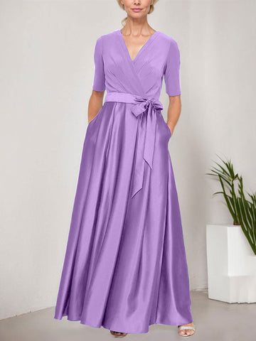 Surplice Neckline Ballgown with Full Satin Skirt & Jersey Bodice