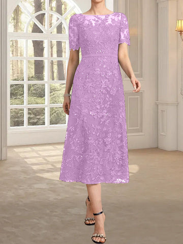 A-line Scoop Illusion Tea-Length Lace Mother of the Bride Dress With Sequins