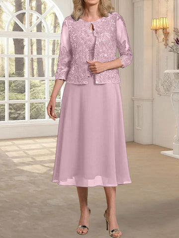 A-line Scoop Tea-Length Lace Chiffon Mother of the Bride Dress With Sequins