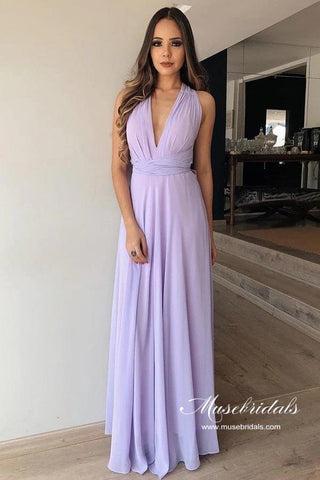 Lilac Chiffon A-line V-neck Floor-length Simple Bridesmaid Dresses