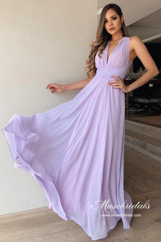 Lilac Chiffon A-line V-neck Floor-length Simple Bridesmaid Dresses