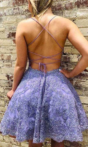 Lace Beaded A-line Spaghetti Straps Short Homecoming Dresses