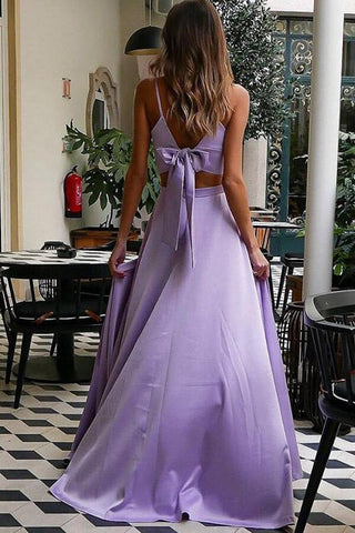 Robe de bal lilas deux pièces à bretelles spaghetti et décolleté cœur, robe de soirée