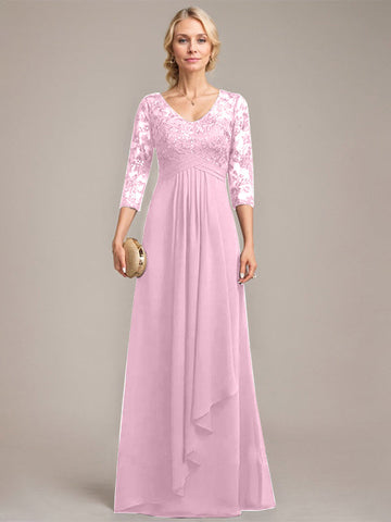 A-line V-Neck Floor-Length Lace Chiffon Mother of the Bride Dress With Cascading Ruffles Sequins