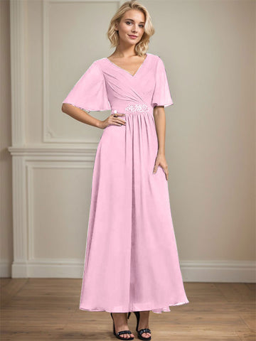 A-line V-Neck Ankle-Length Chiffon Mother of the Bride Dress With Pleated Beading Sequins