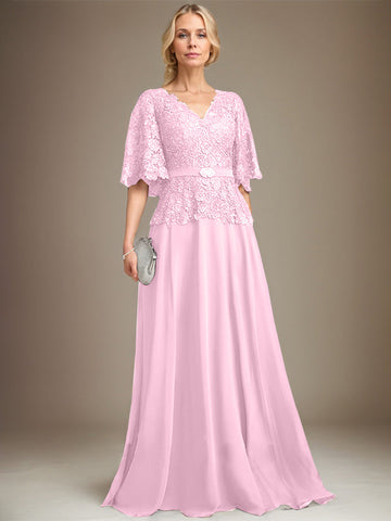 A-line V-Neck Floor-Length Chiffon Lace Mother of the Bride Dress With Crystal Brooch Rhinestone