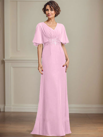 A-line V-Neck Floor-Length Chiffon Mother of the Bride Dress With Pleated Sequins Appliques Lace