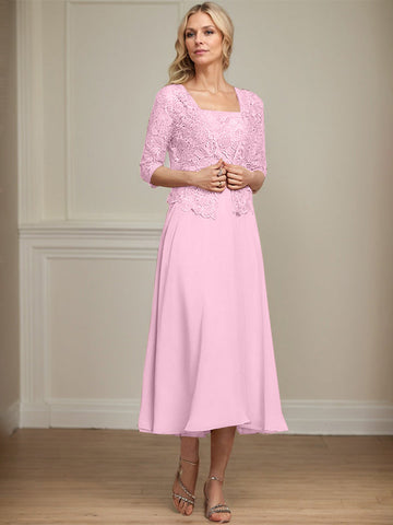 A-line Square Tea-Length Chiffon Lace Mother of the Bride Dress With Sequins Beading