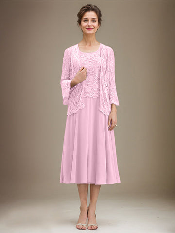 A-line Scoop Tea-Length Lace Chiffon Mother of the Bride Dress With Sequins