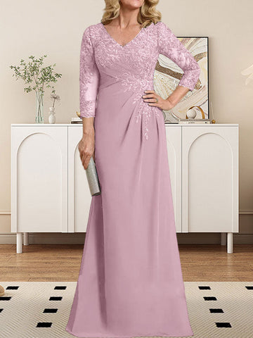 Sheath/Column V-Neck Illusion Floor-Length Lace Chiffon Mother of the Bride Dress With Pleated Sequins