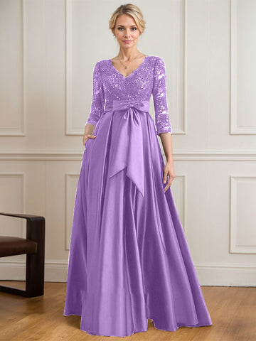 A-line V-Neck Floor-Length Satin Lace Mother of the Bride Dress With Sequins Bow