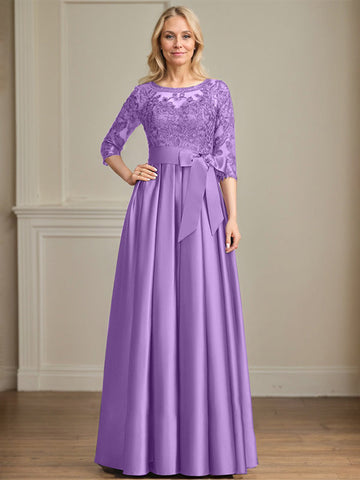 A-line Scoop Illusion Floor-Length Satin Lace Mother of the Bride Dress With Sequins Bow
