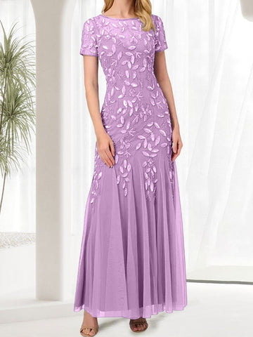 Vestido largo azul de sirena con cuello redondo para la madre de la novia con pedrería