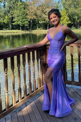 Lilac Mermaid Spaghetti Straps Floor Length Prom Dresses With Slit