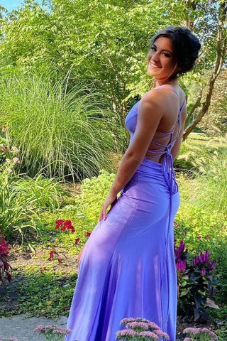 Lilac Mermaid Spaghetti Straps Floor Length Prom Dresses With Slit