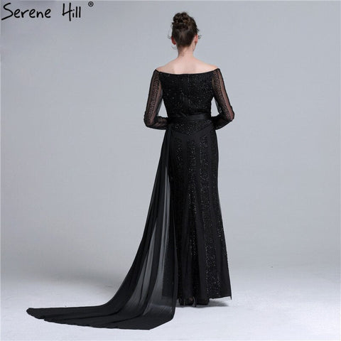 Long Sleeve Black Mermaid Tulle Evening Dresses Beading Sequined Formal Dress Real Photo 2025 LA6009
