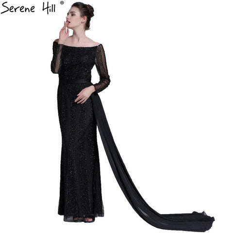 Long Sleeve Black Mermaid Tulle Evening Dresses Beading Sequined Formal Dress Real Photo 2025 LA6009