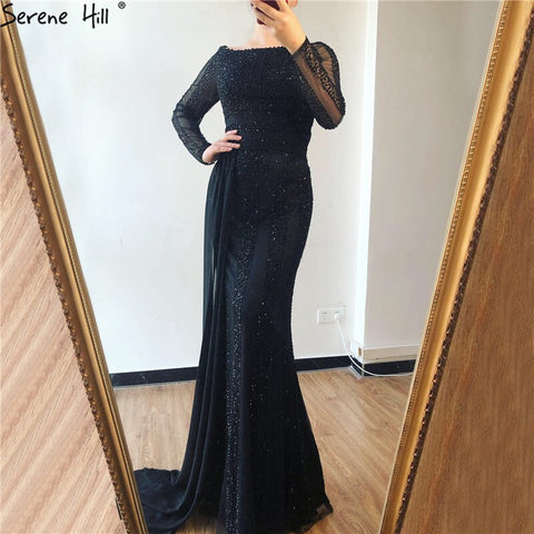 Long Sleeve Black Mermaid Tulle Evening Dresses Beading Sequined Formal Dress Real Photo 2025 LA6009