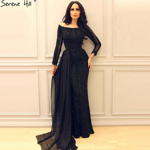 Long Sleeve Black Mermaid Tulle Evening Dresses Beading Sequined Formal Dress Real Photo 2025 LA6009