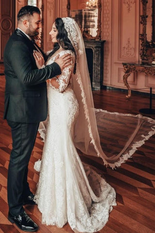 Long Sleeve V-Neck Lace A-Line Stain Wedding Dresses with Ruffles