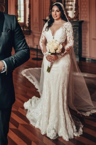 Long Sleeve V-Neck Lace A-Line Stain Wedding Dresses with Ruffles