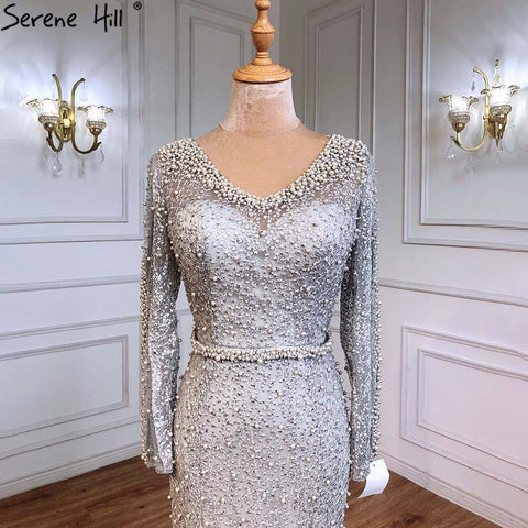 On Sale No Return No Refund Long Sleeve Wine Red Pearls Mermaid Evening Dresses 2025 Fashion Luxury Evening Gown Real Photo Dubai LA6428