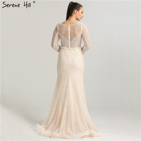 On Sale No Return No Refund Long Sleeve Wine Red Pearls Mermaid Evening Dresses 2025 Fashion Luxury Evening Gown Real Photo Dubai LA6428