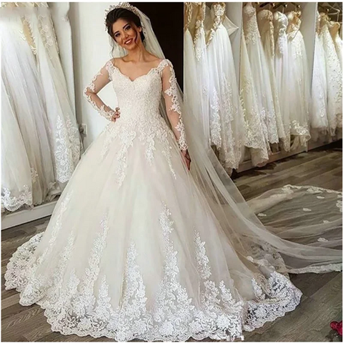 Long Sleeves Plus Size Wedding Dress Vestido de Noiva Bride Dress Robe Mariage V Neck Lace Appliques Lace Up Bridal Gowns