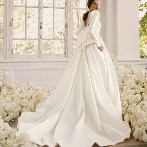 Long Sleeves Satin Wedding Dresses For Women With Bow Bridal Gowns Sweetheart Vestido De Noiva Robe Floor Length Custom 2023