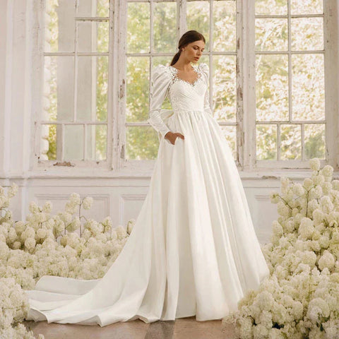Long Sleeves Satin Wedding Dresses For Women With Bow Bridal Gowns Sweetheart Vestido De Noiva Robe Floor Length Custom 2023