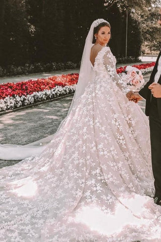 Long sleeves Lace round neck Ball gown Wedding Dress