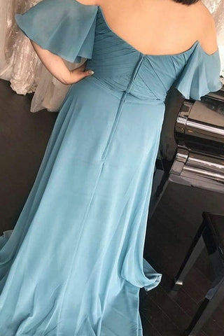 Long Off-the-Should Ruched Blue Chiffon Bridesmaid Dress BD118
