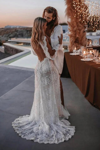Long Sleeve V-neck Lace Appliques Boho Wedding Dress WD749