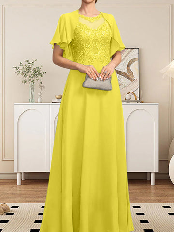 A-line Scoop Illusion Floor-Length Lace Chiffon Mother of the Bride Dress With Sequins