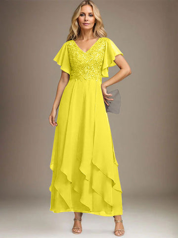 A-line V-Neck Ankle-Length Lace Chiffon Mother of the Bride Dress With Cascading Ruffles