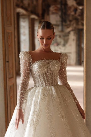 Luxurious Long Ivory A Line Square Neck Lace Beading Wedding Dress With Sleeves