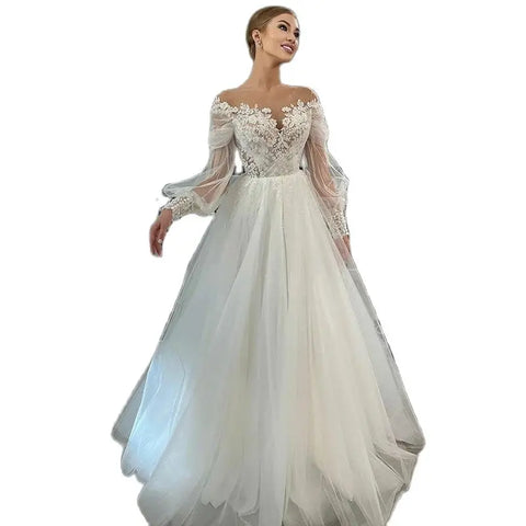 Luxurious White Bridal Gown Tulle with Applique Lace O-Neck A-Line Floor-Length Wedding Dress for Women vestidos de novia